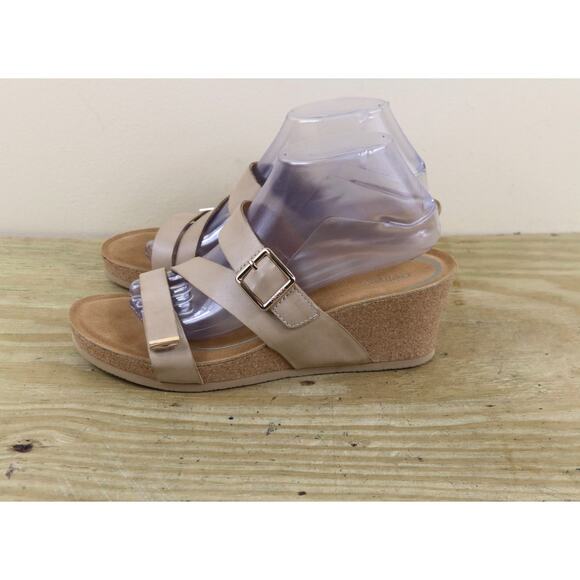 New Aetrex Womens Sandals 10 Brown Beige Leather Wedge Cork Sole Buckle - Picture 1 of 8